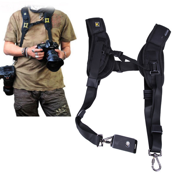 Black Camera Double Shoulder Sling Backpack Belt Quick Rapid Strap for DSLR Digital SLR Camera